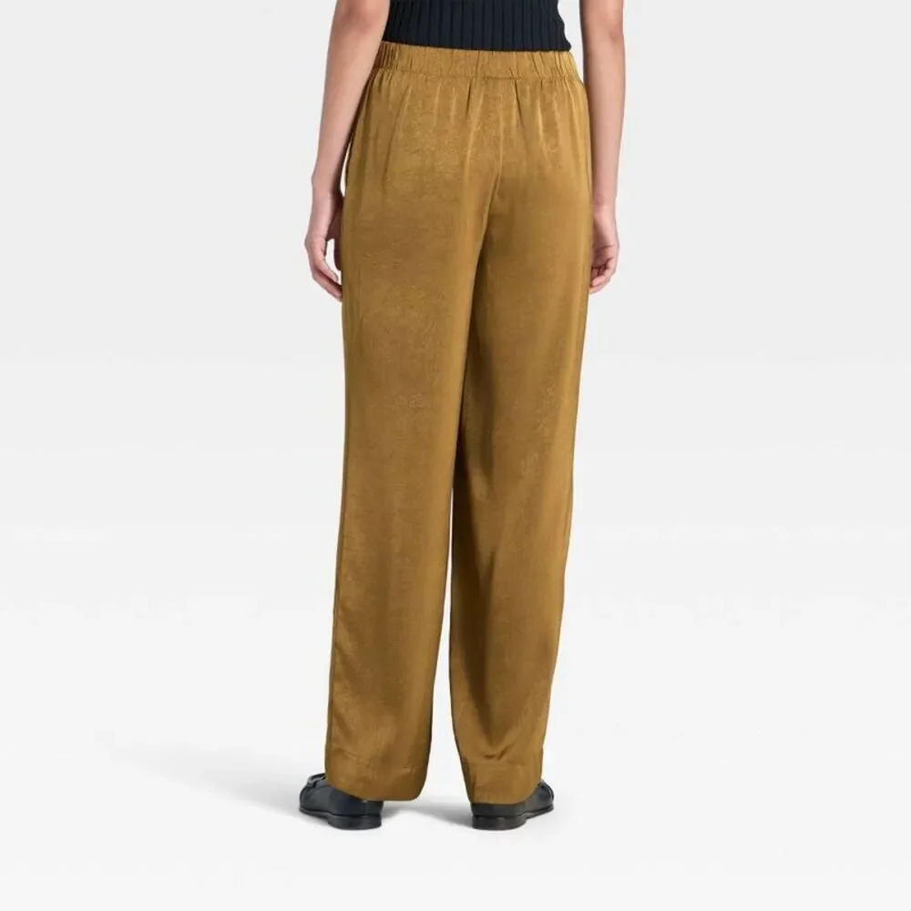 Women's Crinkled Satin Pull-On Pants - A New Day Brown XS